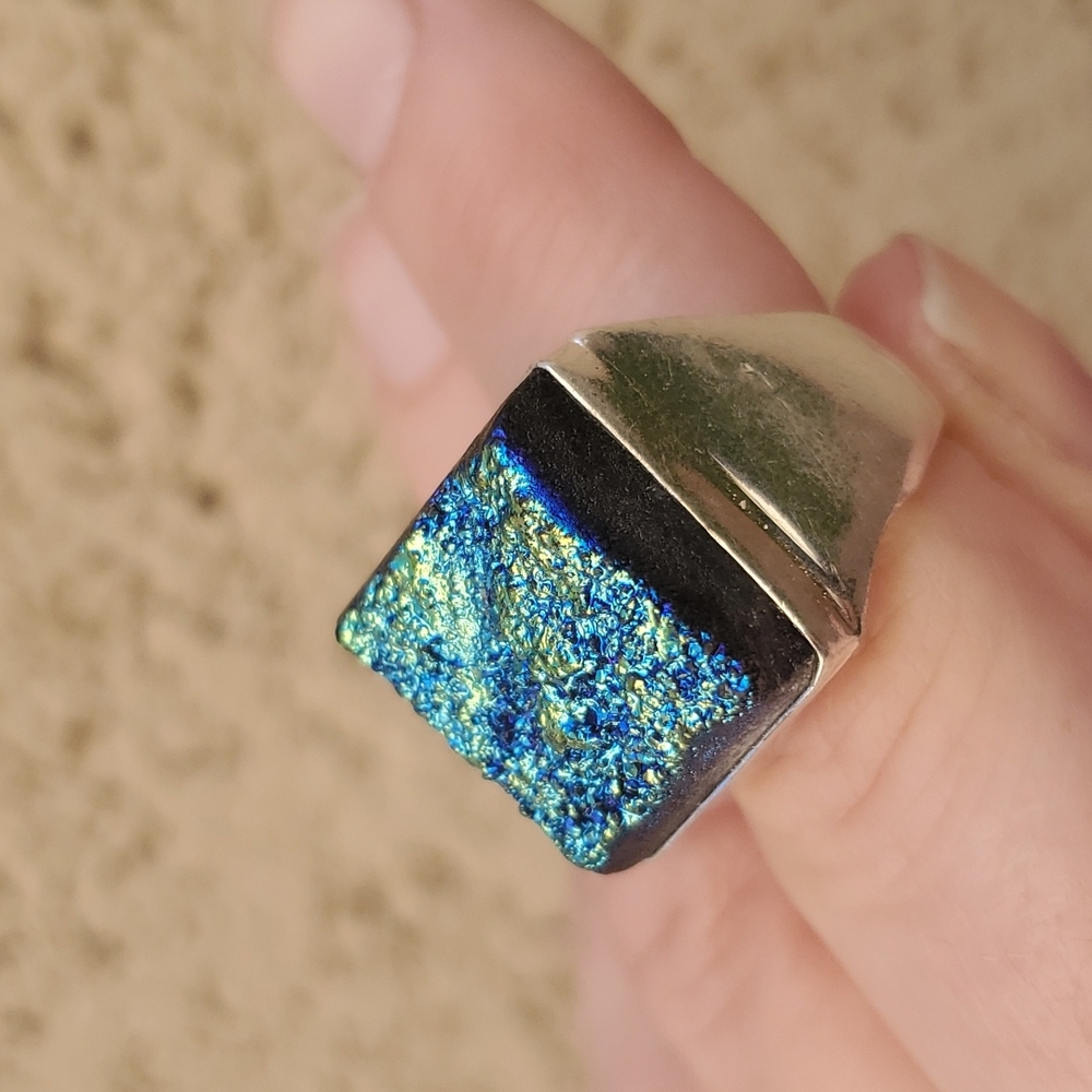 New Men's Titanium Blue Druzy 925 Silver Ring.